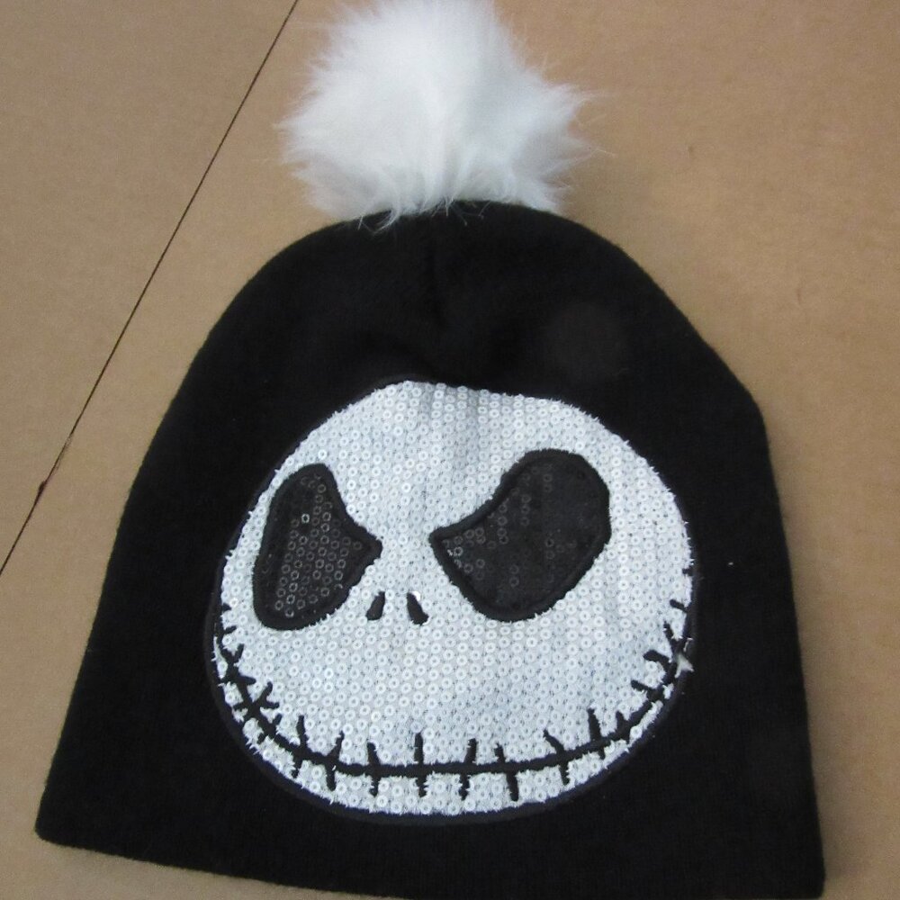 Nightmare before Christmas Jack Skellington sequin beanie white pom pom Disney